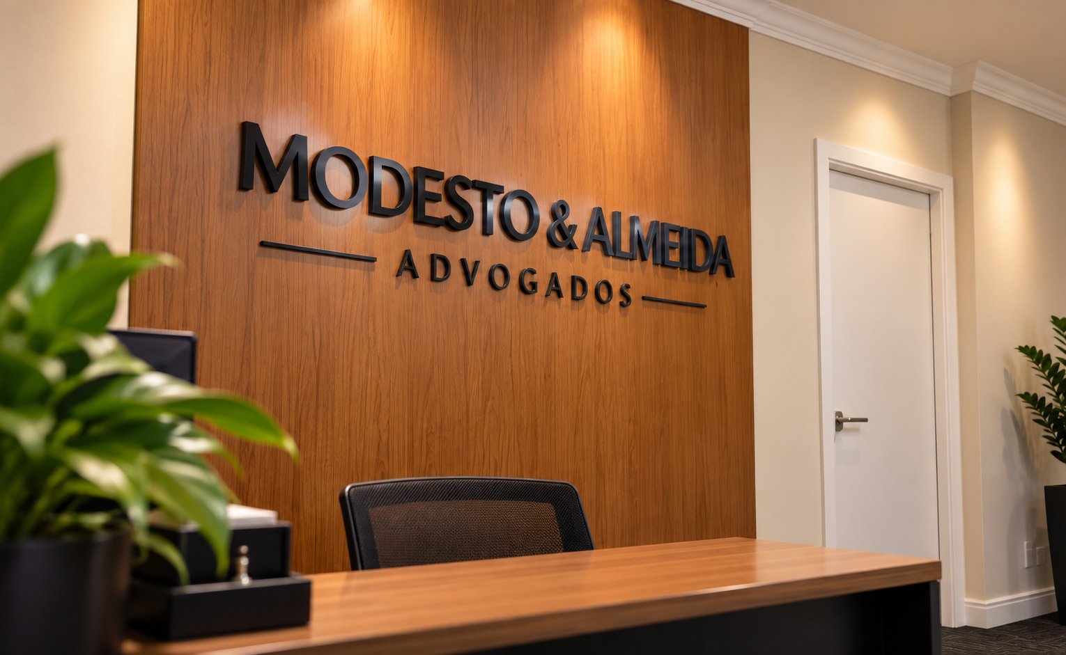 Recepção do escritório Modesto & Almeida Advogados com o nome em letras azuis sobre painel de madeira